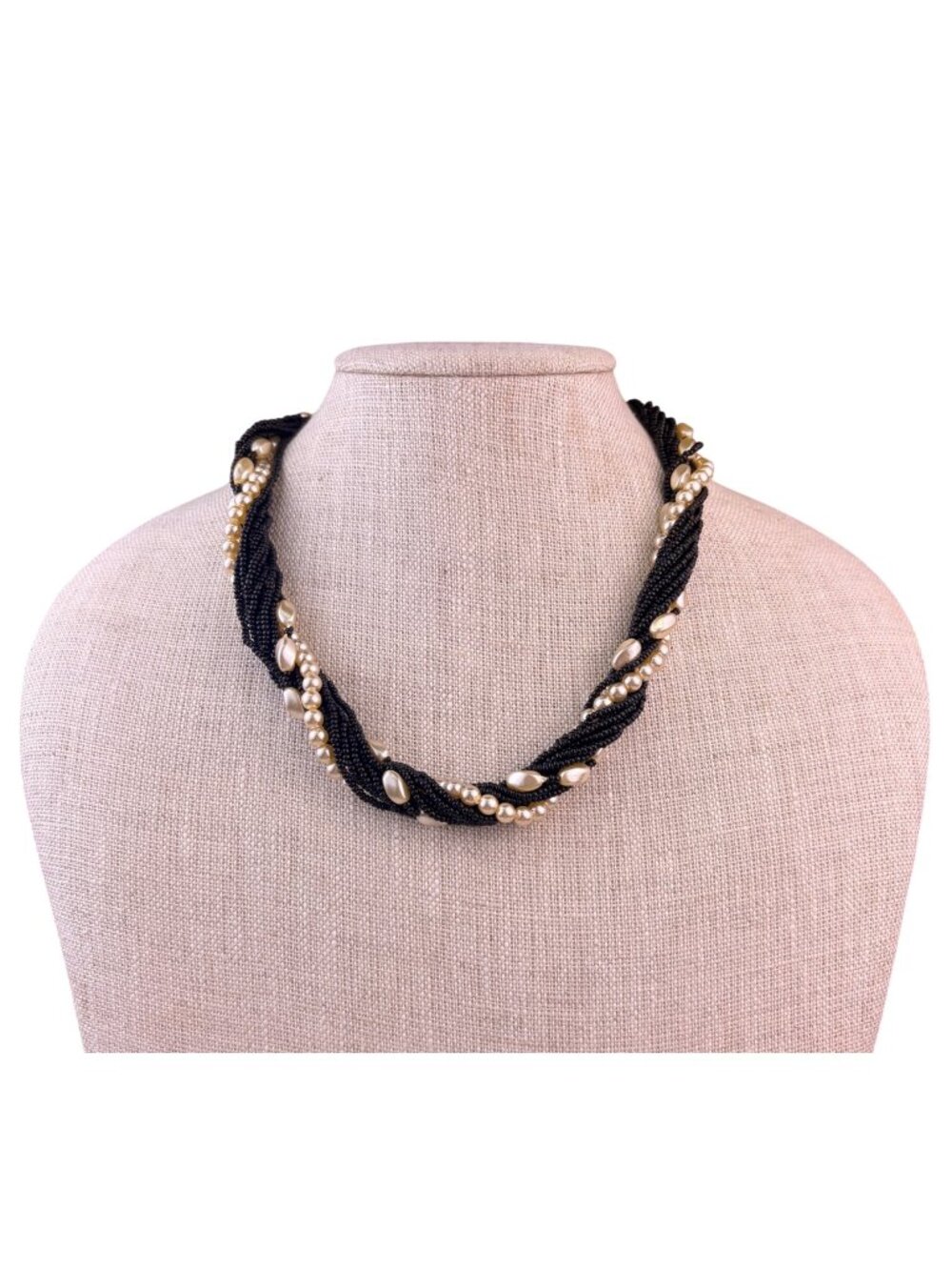 Vintage Womens Black Seed Bead & Baroque Pearl Multi-Strand Necklace
